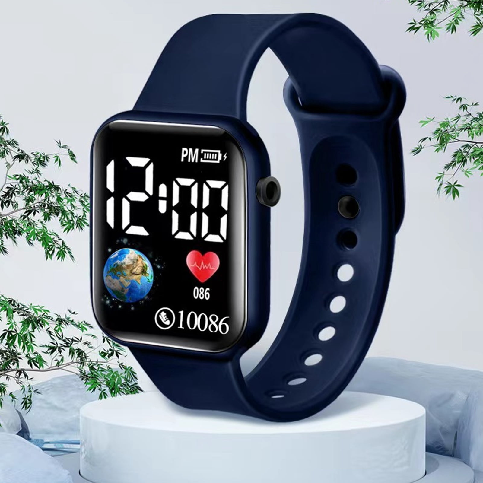 Opvise LED Electronic Watch Waterproof Adjustable Soft Silicone Strap Square Earth Dial s Casual Sports Digital Wristwatch Birthday Gift