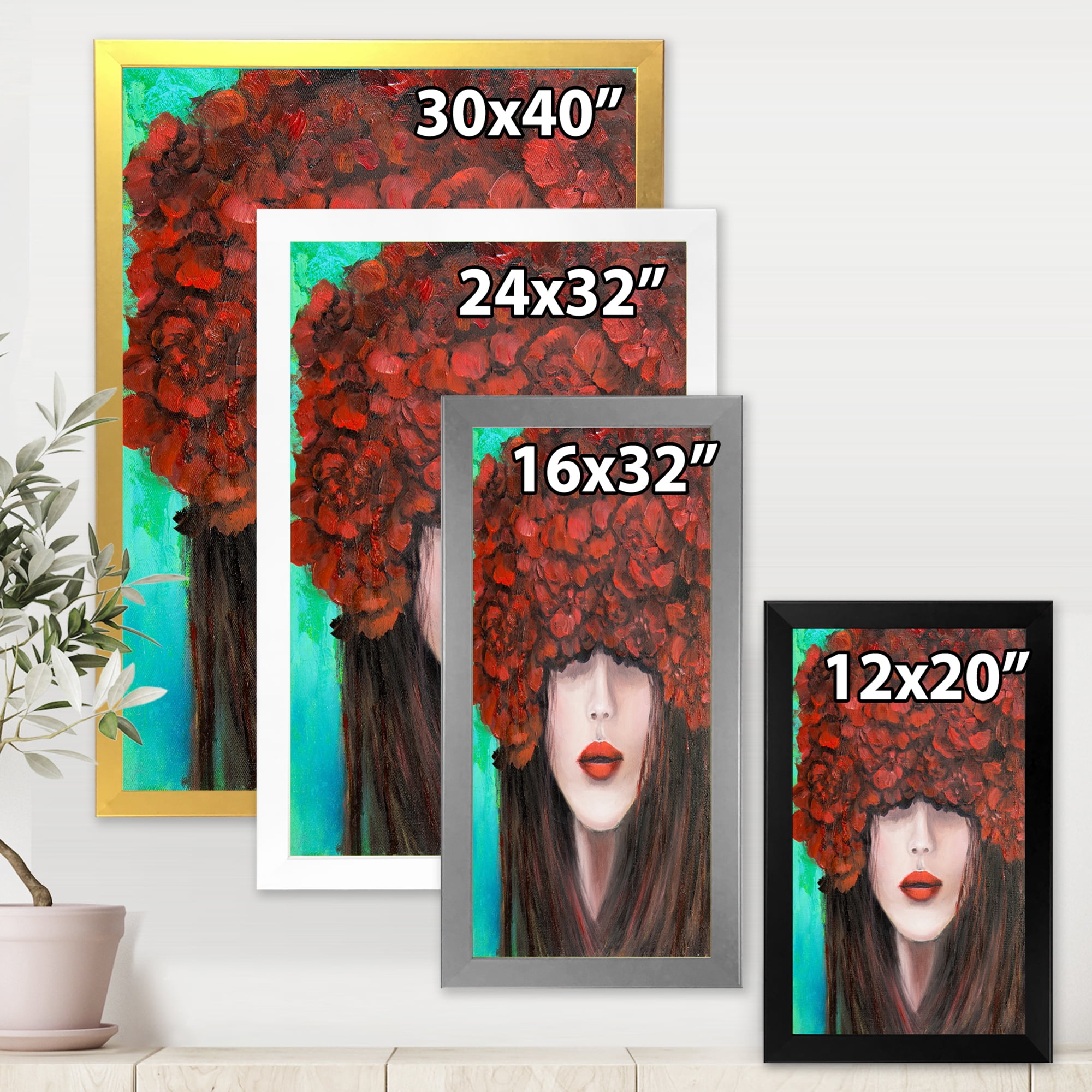 Designart 'Portrait Of A Young Lady With Red Flowers' Modern Framed Art Print