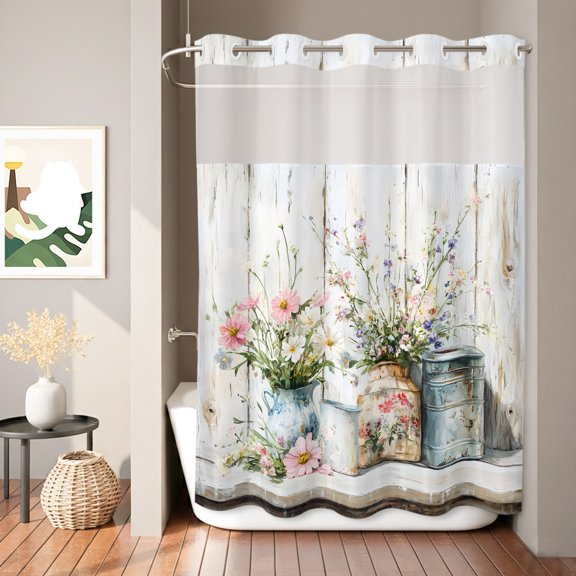 Spring Floral Shower Curtain, Vintage Watercolor Foral Colorful Plants Waterproof No Hooks Bath Shower Curtain with See Through Top Window for Bathroom Bathtub 72x84in