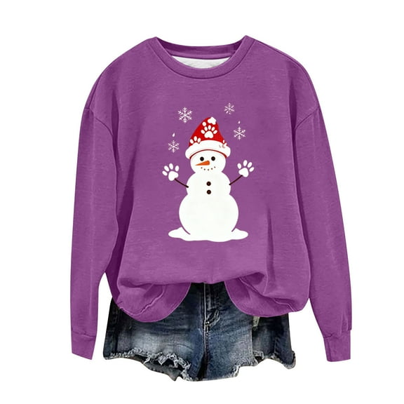 Snowman Print Sweatshirt for Women Casual Loose Crew Neck Long Sleeve Shirts Fashion Christmas Pullover Tops