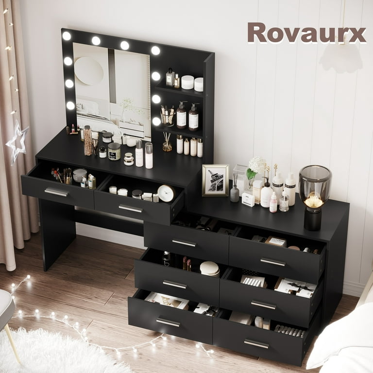 Rovaurx 65 W Makeup Vanity Desk with Mirror and 3-Color Lights, 8 Drawers  Vanity Table with Side Storage Shelf, Bedroom Dressing Table, Adjustable