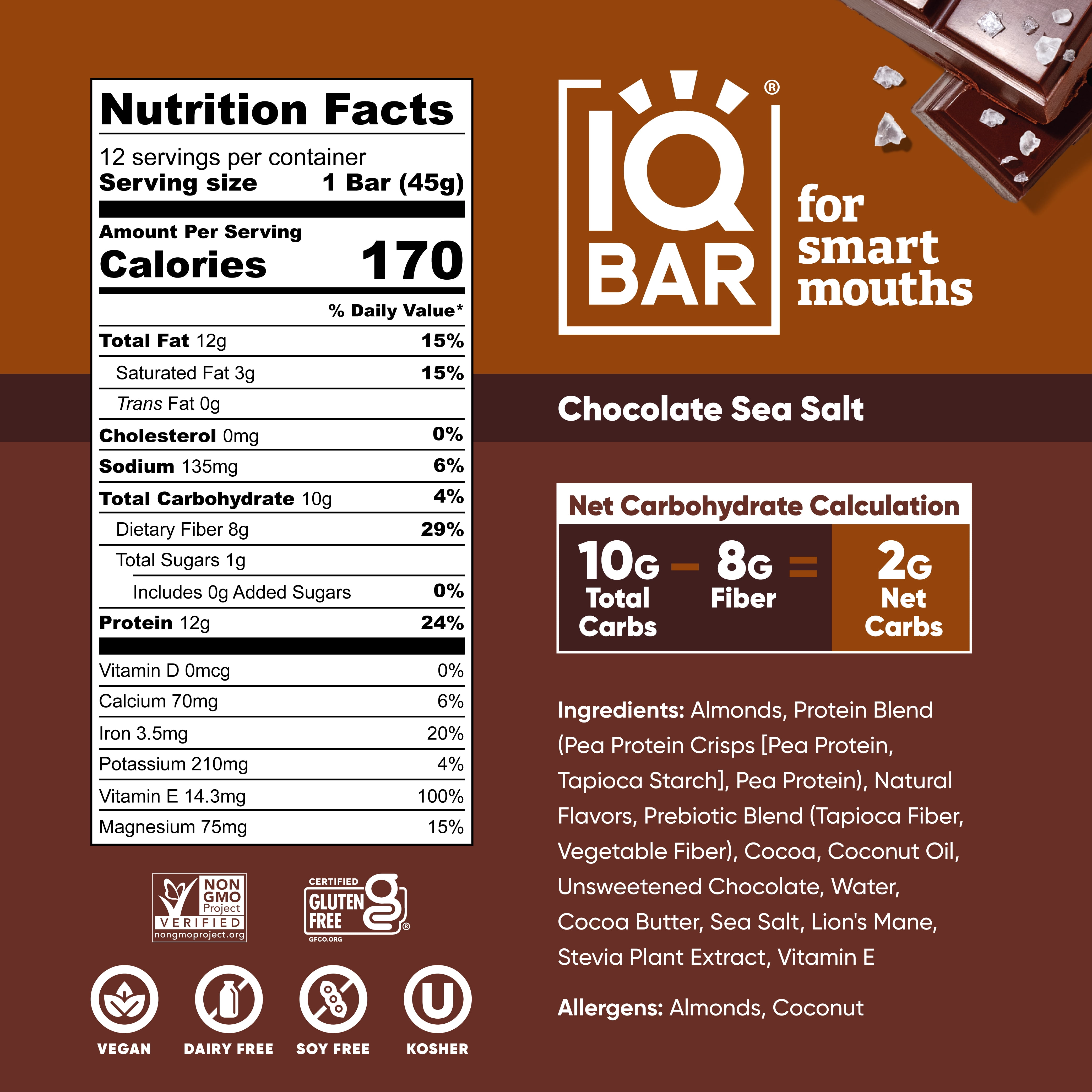 IQBAR Clean Plant Protein Bars - Chocolate Sea Salt - 12 Count - Keto, Vegan, High Fiber, Gluten and Dairy Free, Low Sugar Snack