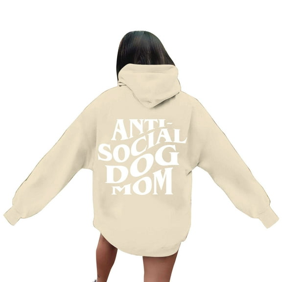 Hpapadks Hoodies for Women Funny Social Dog Mom Print Long Sleeve Loose Hooded Top for Dog Lovers Sweatshirts for Women Beige L