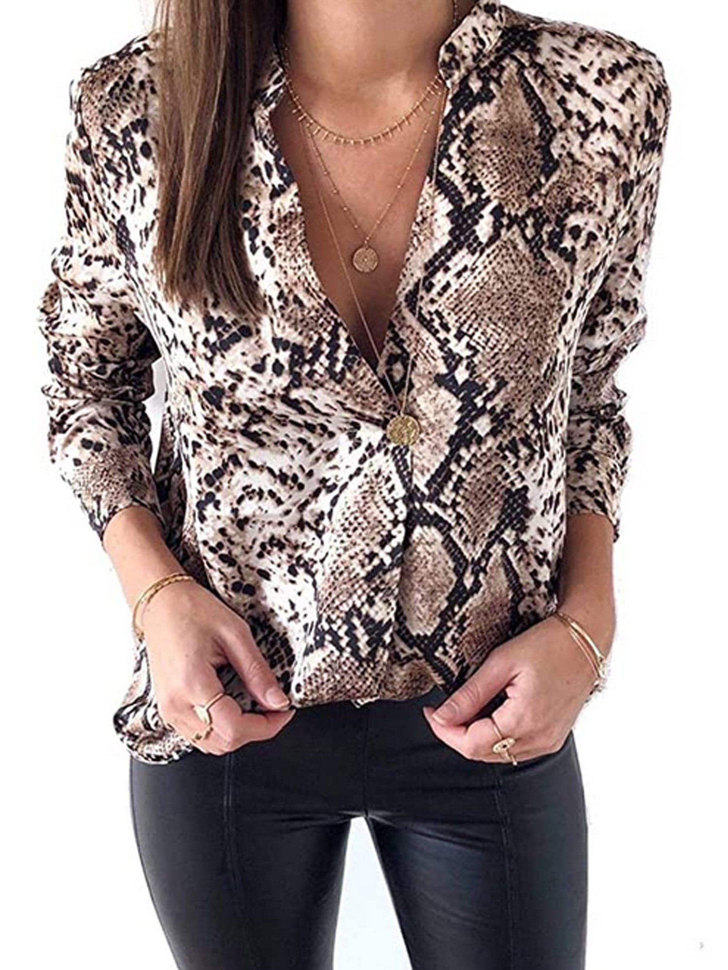 Women Snakeskin Print Long Sleeve leopard Blouse Summer Ladies Deep V