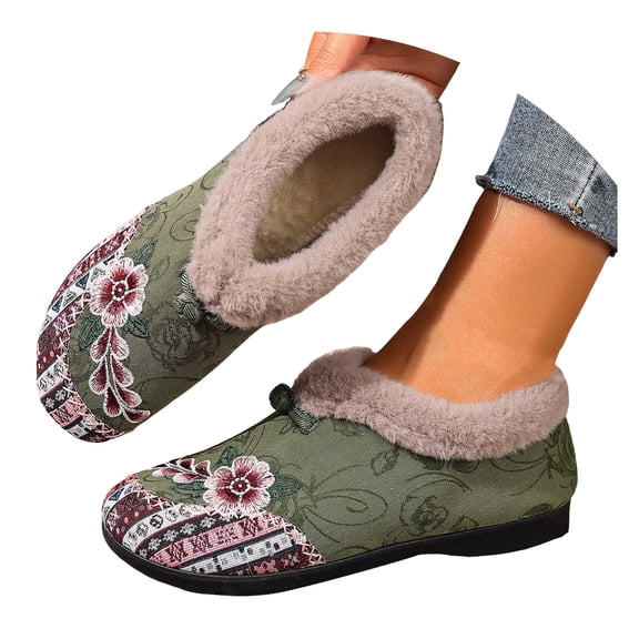 YLYL Women Suede Loafers Low Heel Floral Embroidery Wide Width Causal Dressy Slip on Winter Walking Shoes