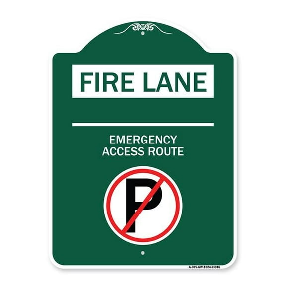 SignMission A-DES-GW-1824-24016 18 x 24 in. Designer Series Sign - Fire Lane Emergency Access Route with No Parking Symbol, Green & White