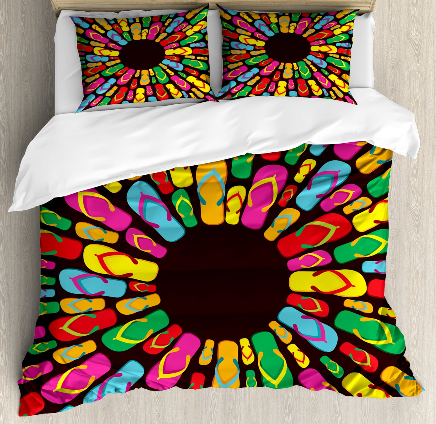 Flip Flop King Size Duvet Cover Set, Colorful Funky Beach Slippers