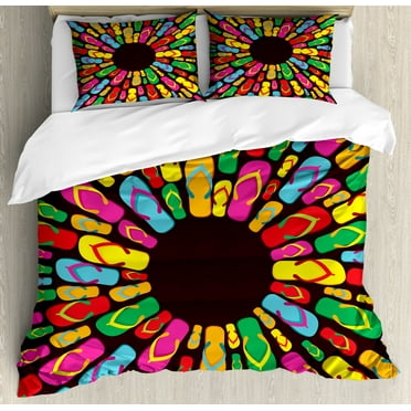 Flip Flop King Size Duvet Cover Set, Colorful Funky Beach Slippers Aligned Circular Shape and Forming Mandala Pattern, Decorative 3 Piece Bedding Set with 2 Pillow Shams, Multicolor, by Ambesonne