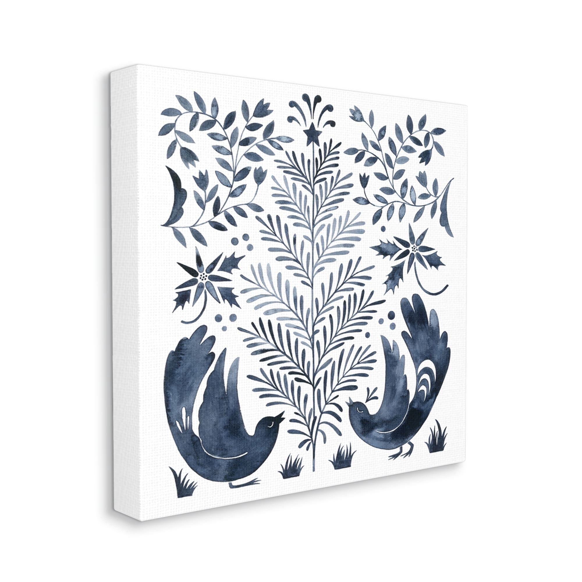 Tranquil Blue Birds Botanical Holiday Tree Design Animals & Insects Painting Gallery-Wrapped Canvas Print Wall Art