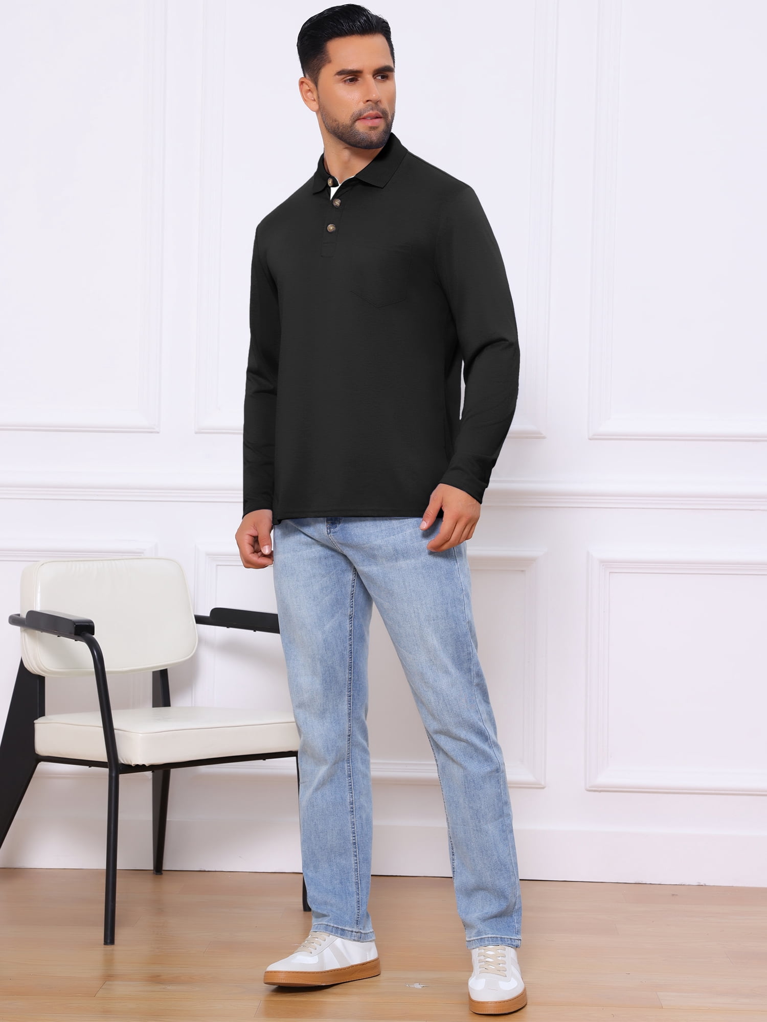 DARING DIVA Men's Contrast Button Collared Long Sleeves Golf Polo T-Shirts 2XL Black