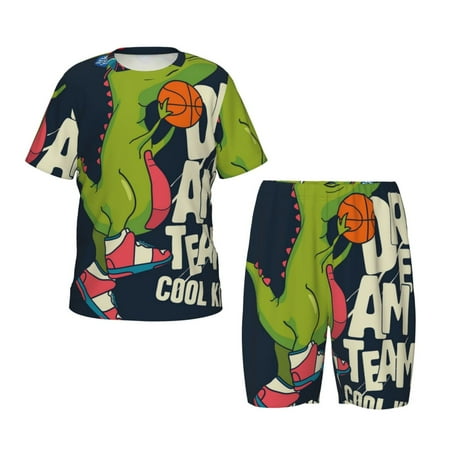 Luyuia Dinosaur Basketball Player Print Girls  2-Piece Tie-Dye Pajama Set  Cute Summer Loungewear with Shirt and Tank Shorts Nightwear-3X-Large