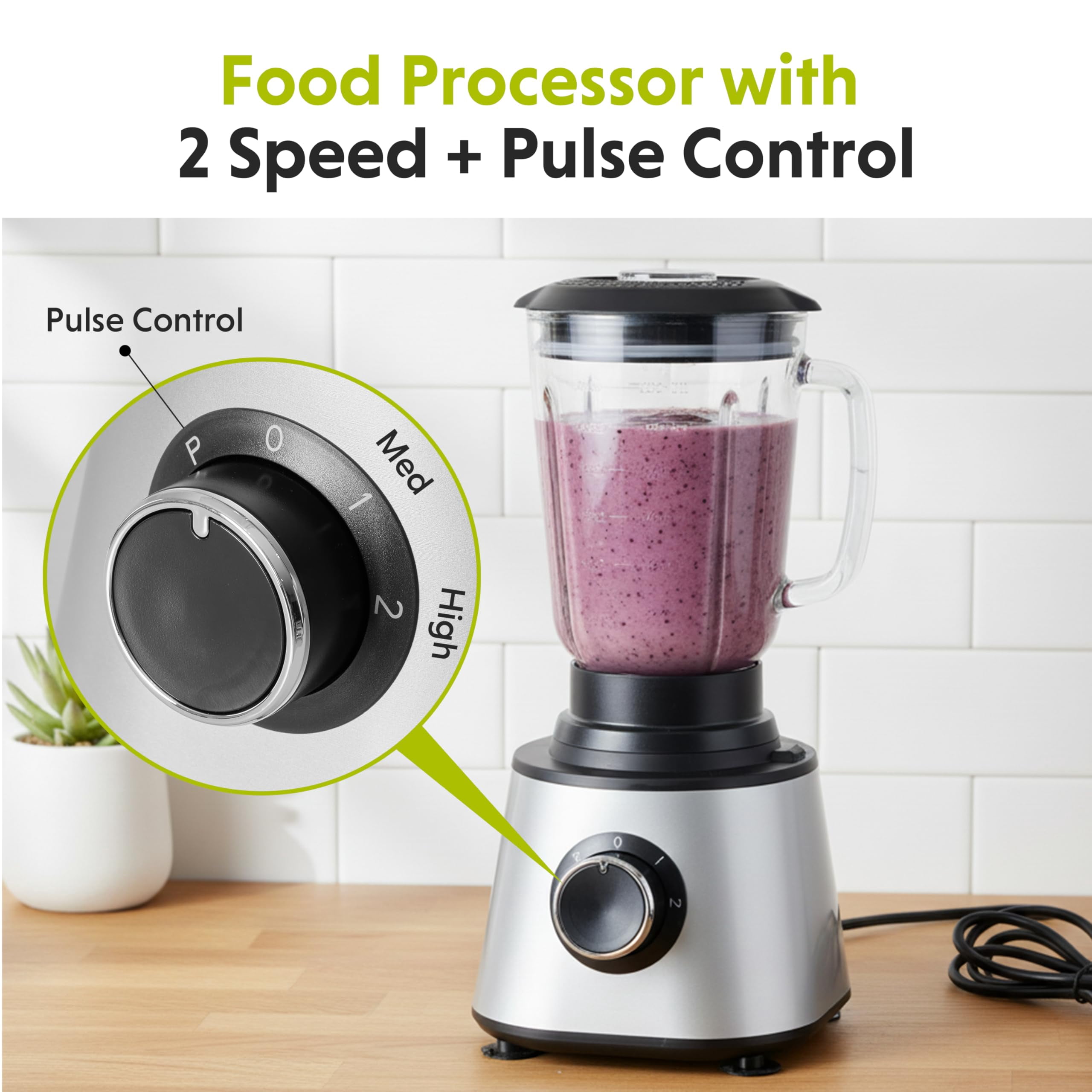 Plum Chef 6-Cup Food Processor Blender Combo, 1.5L Glass Jar Electric Food Chopper with 8 Attachments for Slicing, Dough, and Mincing, 2 Speeds & Pulse, Silver