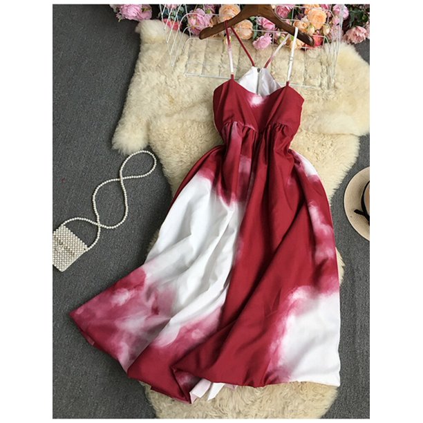 One SizeWomen Summer Dress Temperament Korean Version of Solid Color One-line Neck High-waist Pullover Tie-dyed Suspender Dress D3076 yaoshenbao LED