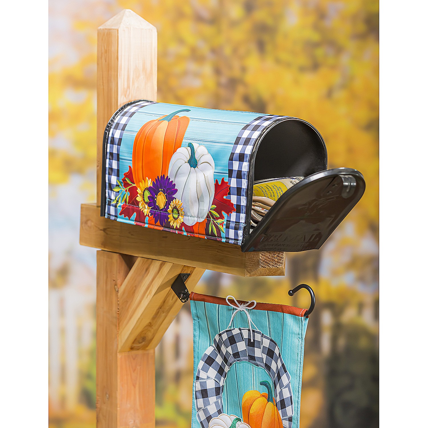 Evergreen Buffalo Check Pumpkins Mailbox Cover