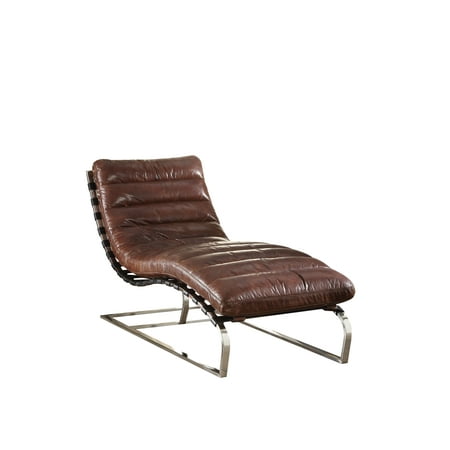 Brown Leather Chaise - ACME Qortini Chaise, Vintage Dark Brown Top Grain Leather & Stainless Steel
