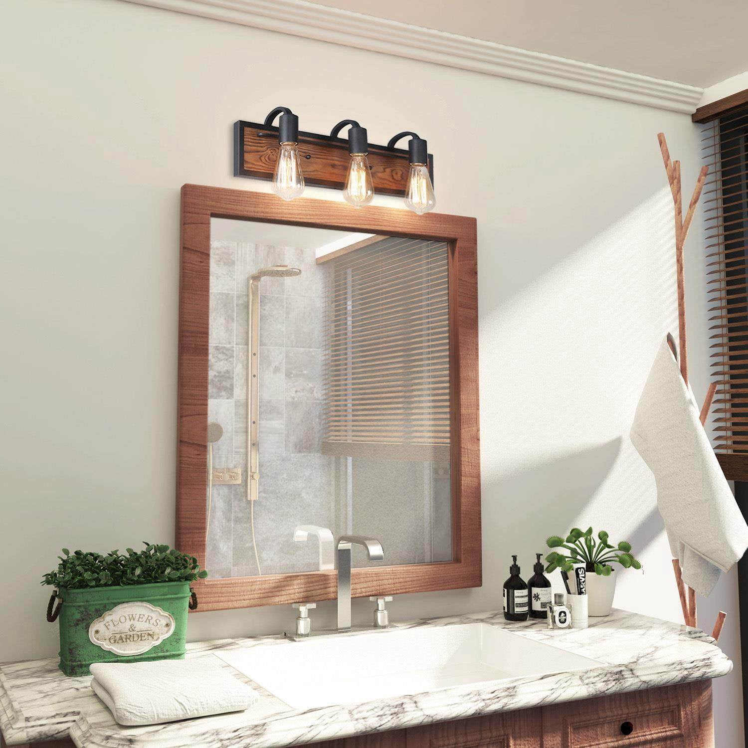 LNC 3-Light Black and Brown Wood Dimmable LED Vanity Light