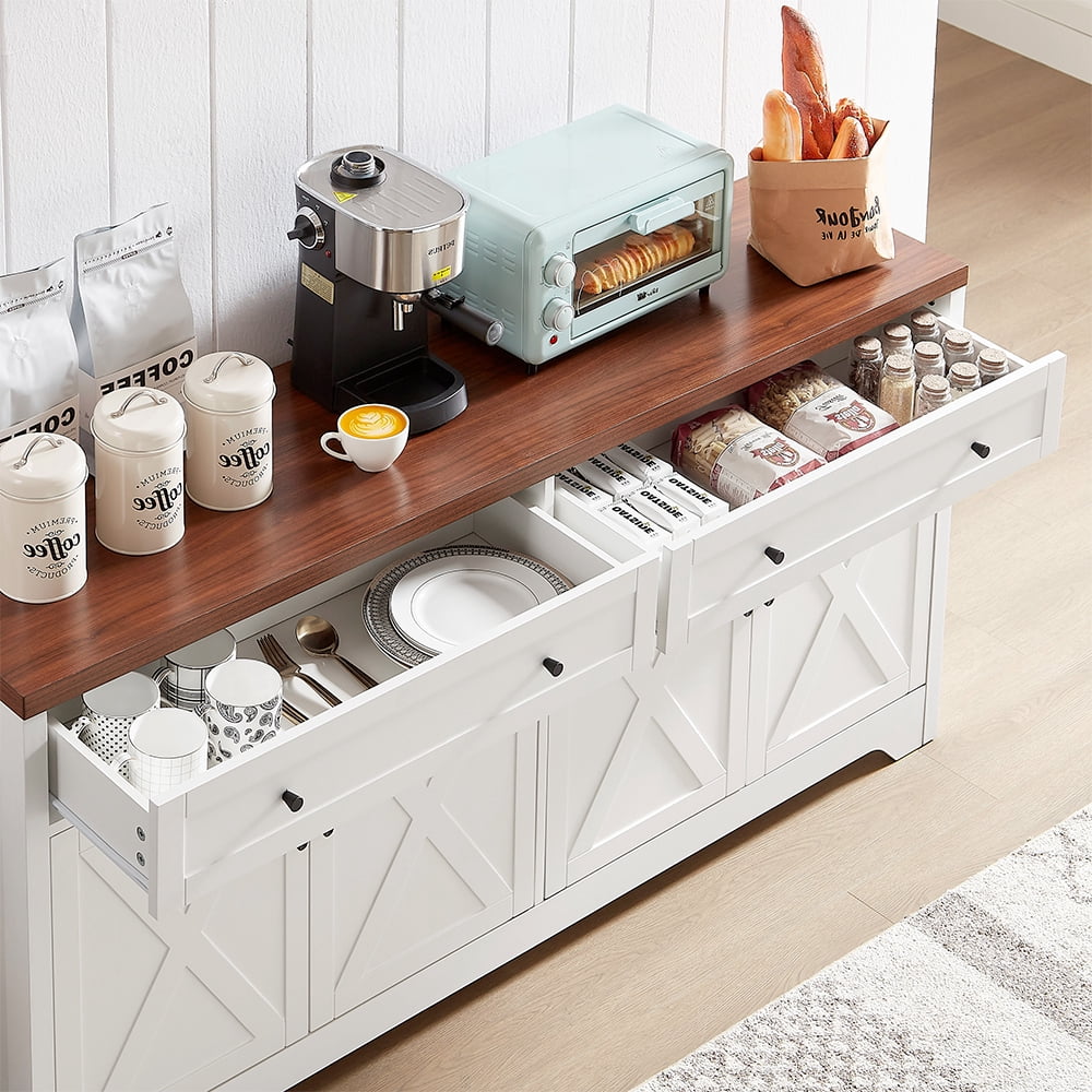 TrumanPick 61"H Large Buffet Sideboard Cabinet, TV Cabinet, Kitchen Pantry for Dining Room, Living Room, 61.3''L x 15''W x 29.8''H, White/Walnut