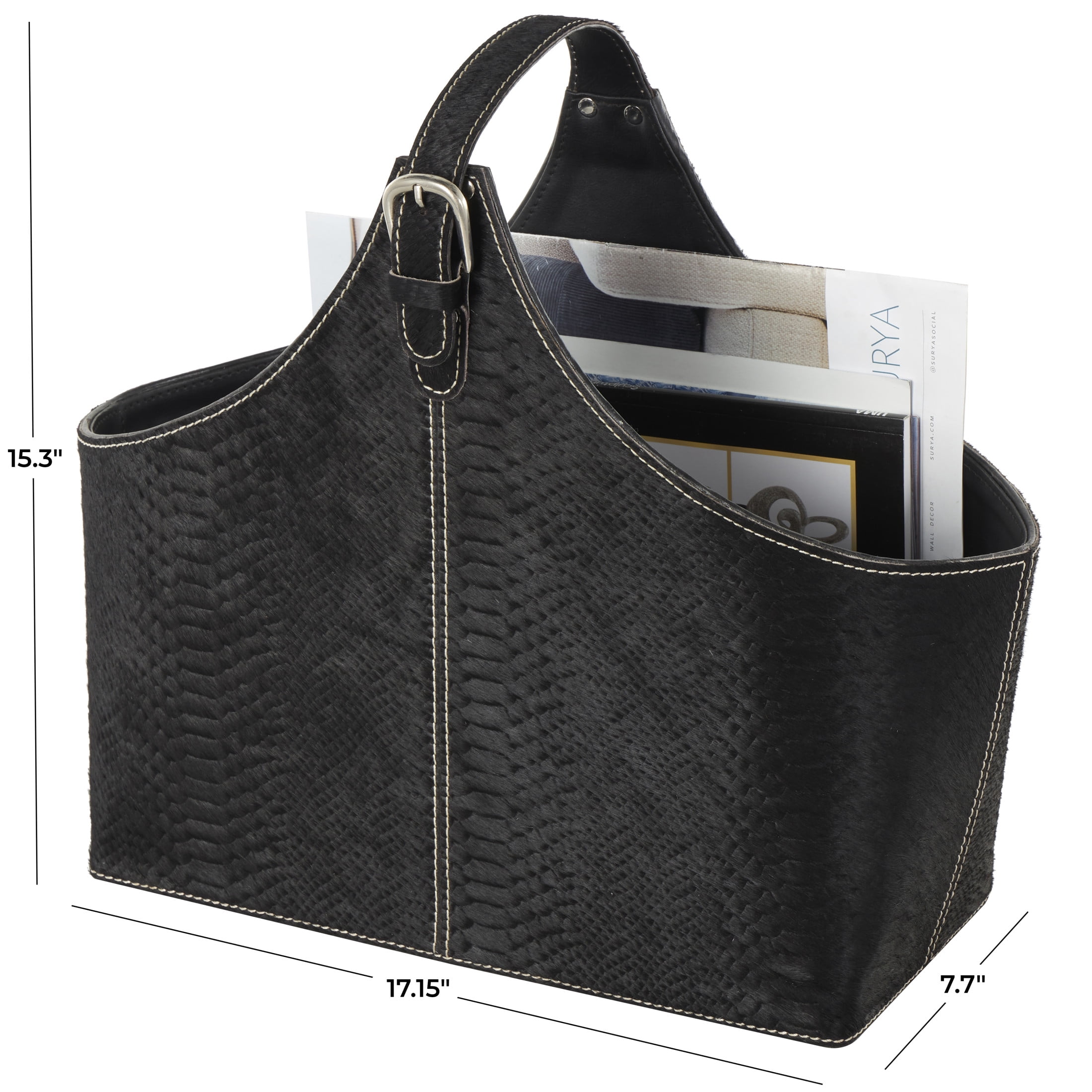 DecMode 15" Black Leather Handmade Box Style Magazine Holder with Detail Stitching and Curved Buckle Handles
