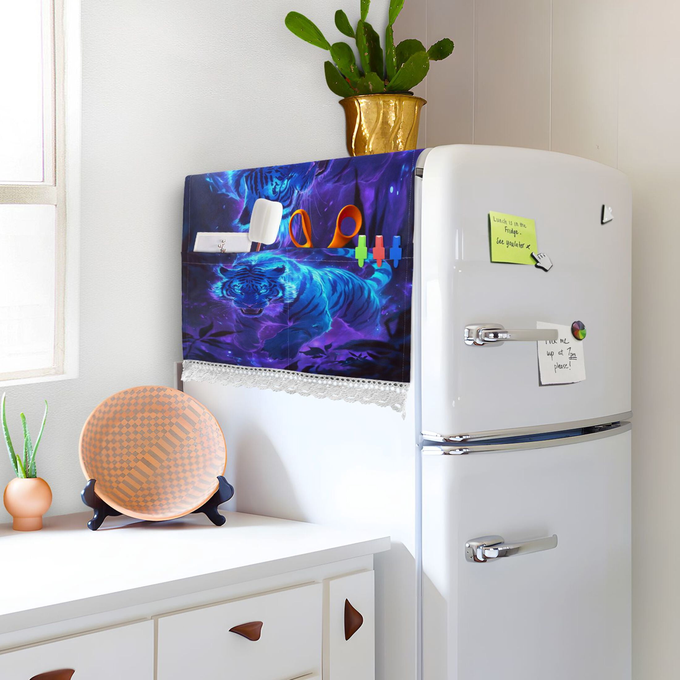 Washing Machine Cover 51.2x22in, Durable Polyester Dust Cover with Lace Trim and Side Pocket for Appliances Glowing Blue Tiger