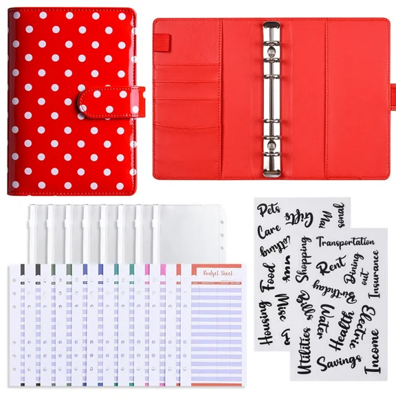 Polka Dot A6 Refillable Binder with Budget Cards & Zipper Pouch, Planner Notebook for Financial Planning, School / Office Memo, Travel Journal, 6-Ring DIY Handbooks,Red