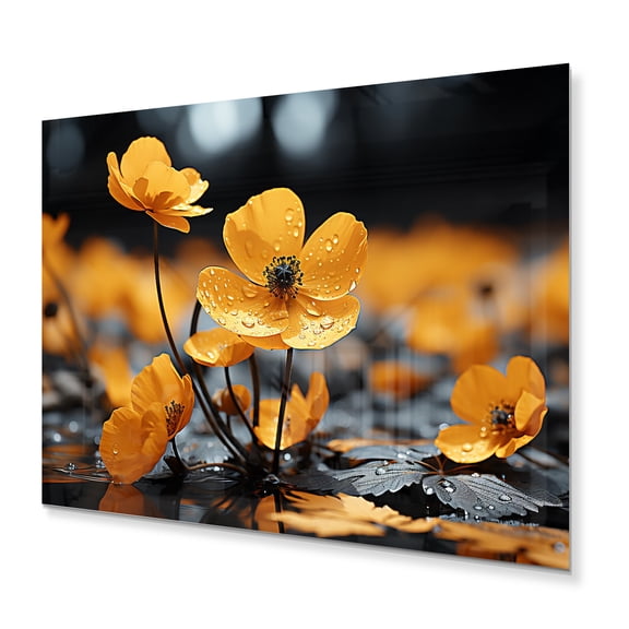 Designart "Golden Buttercups Yellow and Grey in Black and White III" Floral Metal Wall Decor