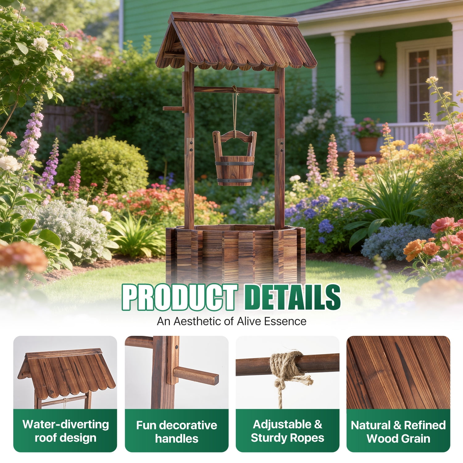 Cloddwell 25" Wooden Wishing Well Planter with Hanging Bucket, Drain Holes, Outdoor Garden Yard Decor Home