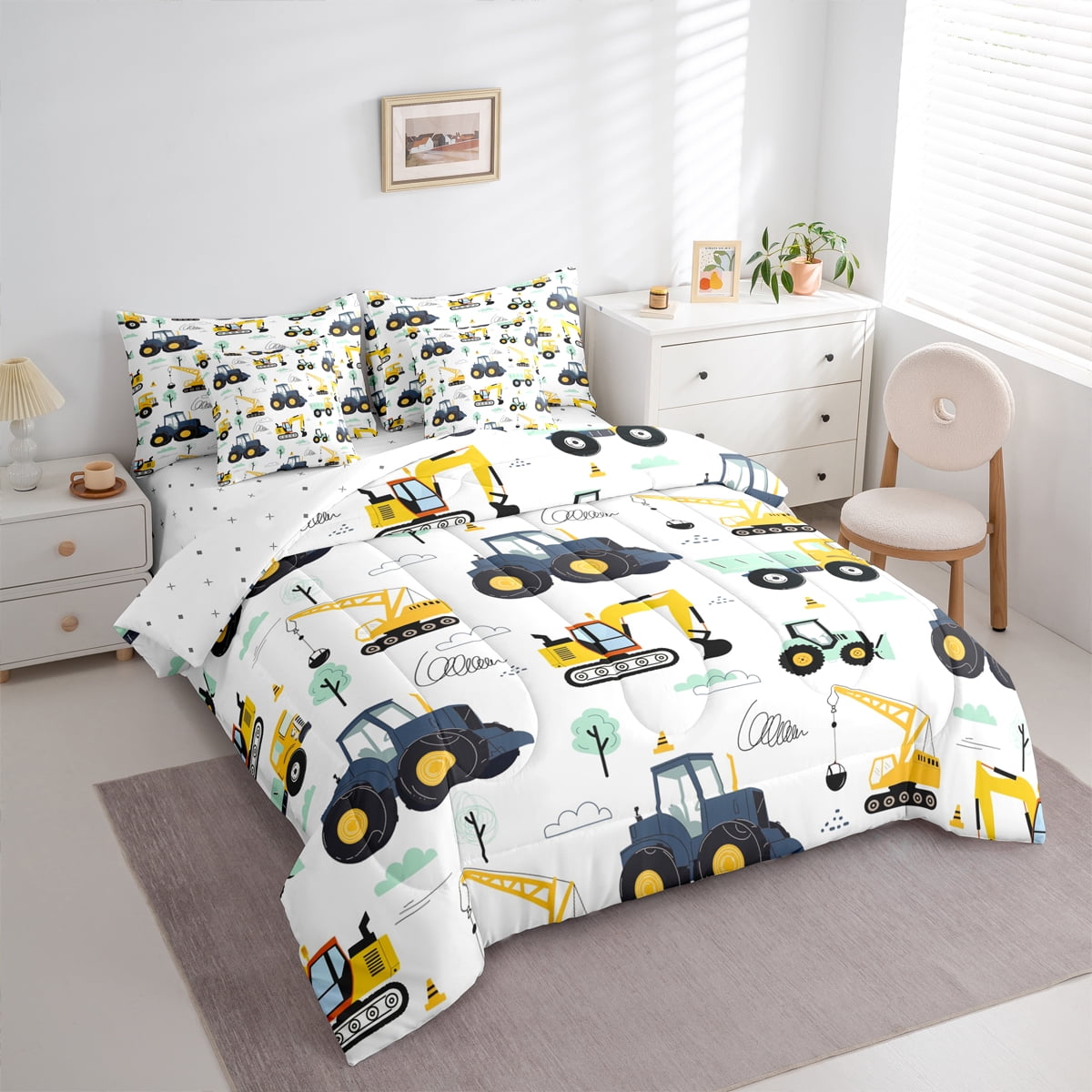 Homewish Crane Bulldozer Excavator 7pcs Bedding Comforter Set,Equipped Truck Queen Bedding Sets,White Yellow Queen Sheet Sets,Microfiber Bedroom Decor