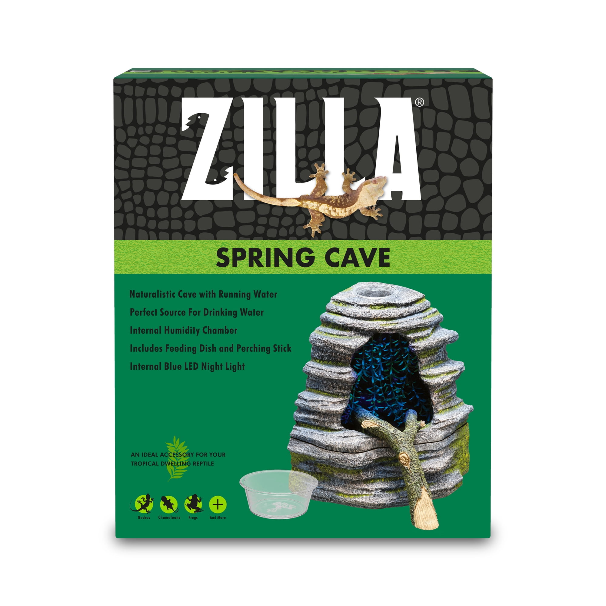 Zilla Spring Cave Décor with Blue LED Rain Chamber, Reptile Waterfall, Terrarium Water Dripper, Water Fountain for Geckos, Chameleons, Frogs and More