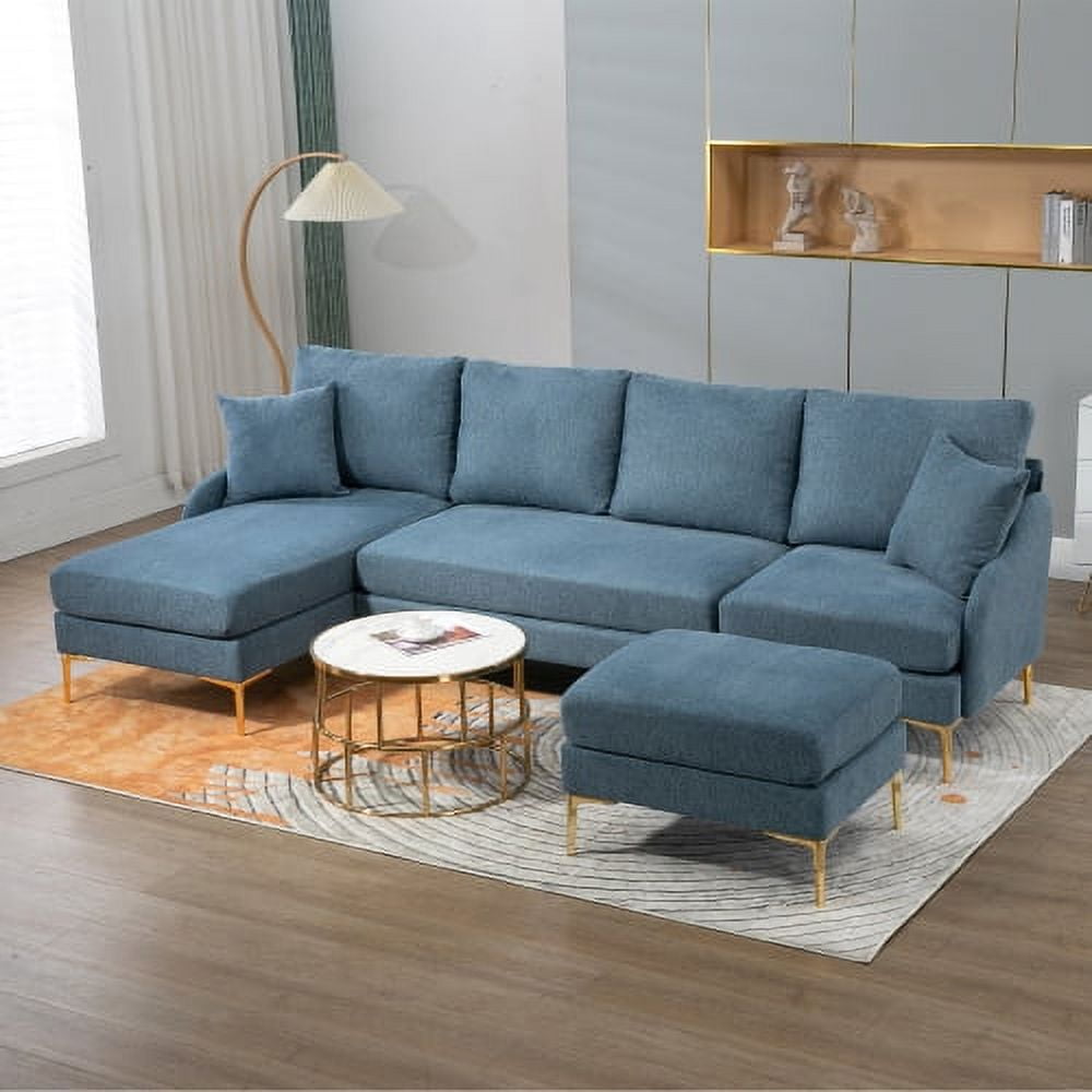 BSHTI110'' Wide Reversible Left or Right Chaise of Sectional Sofa U-Shape Convertible Sofa Couch 4-Seat Couch with Chaise Lounge Upholstered for Living Room,Apartment,Office,Blue Polyester Blend