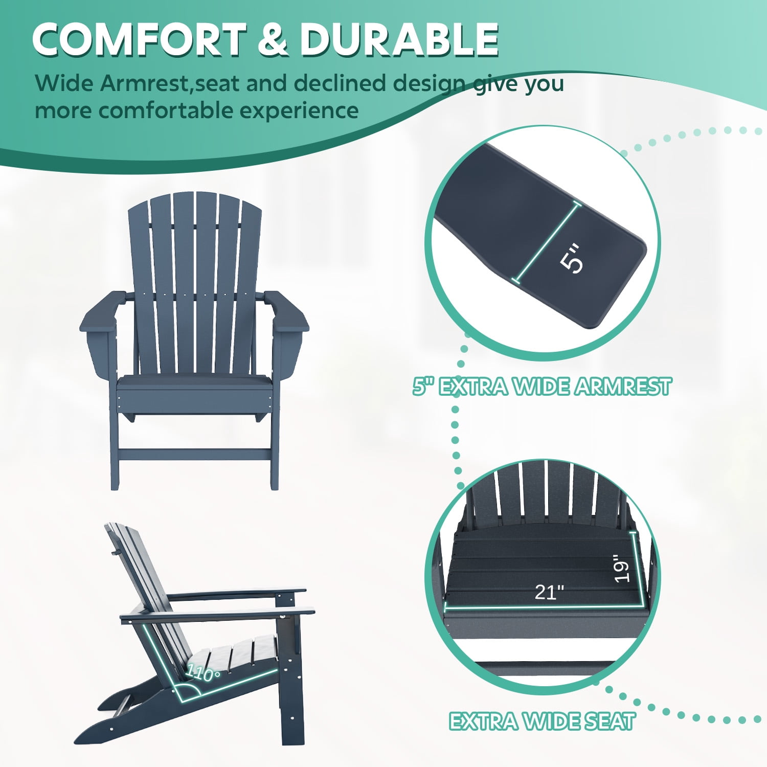 Hidpriva Set of 2 Adirondack Chairs, HDPE Weather Resistant Outdoor Chair w/ 400LBS Capacity for Patio, Garden and Fire Pit,Blue