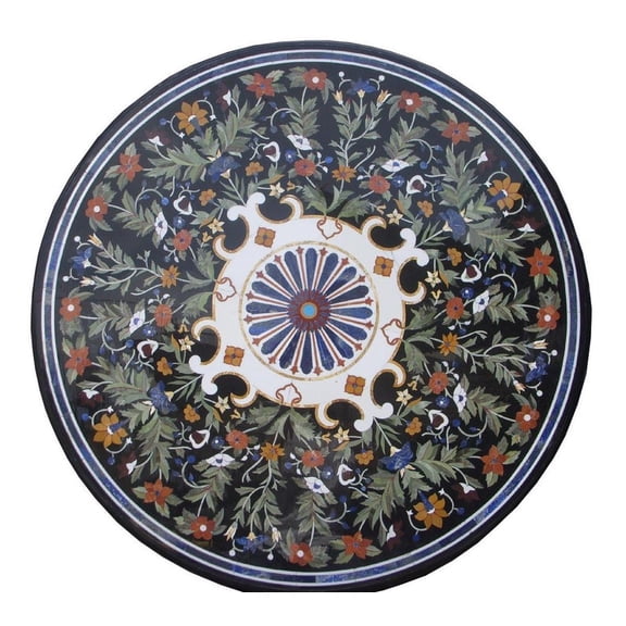 Round Black Marble Table with Pietra Dura Inlay  Handcrafted Design for Center Tables, Patios, Hallways, and Modern Consoles