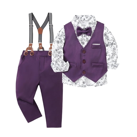 Toddler Boy Suit Formal Wedding Outfits Gentleman Clothes Long Sleeve Shirt   Suspender Pants   Bowtie