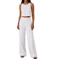 thumbnail image 4 of Mifsaly 2 Piece Linen Sets for Women Summer Casual Vacation Beach Matching Outfits Crop Tank Top and High Waisted Wide Leg Pants with Pockets White,L, 4 of 7