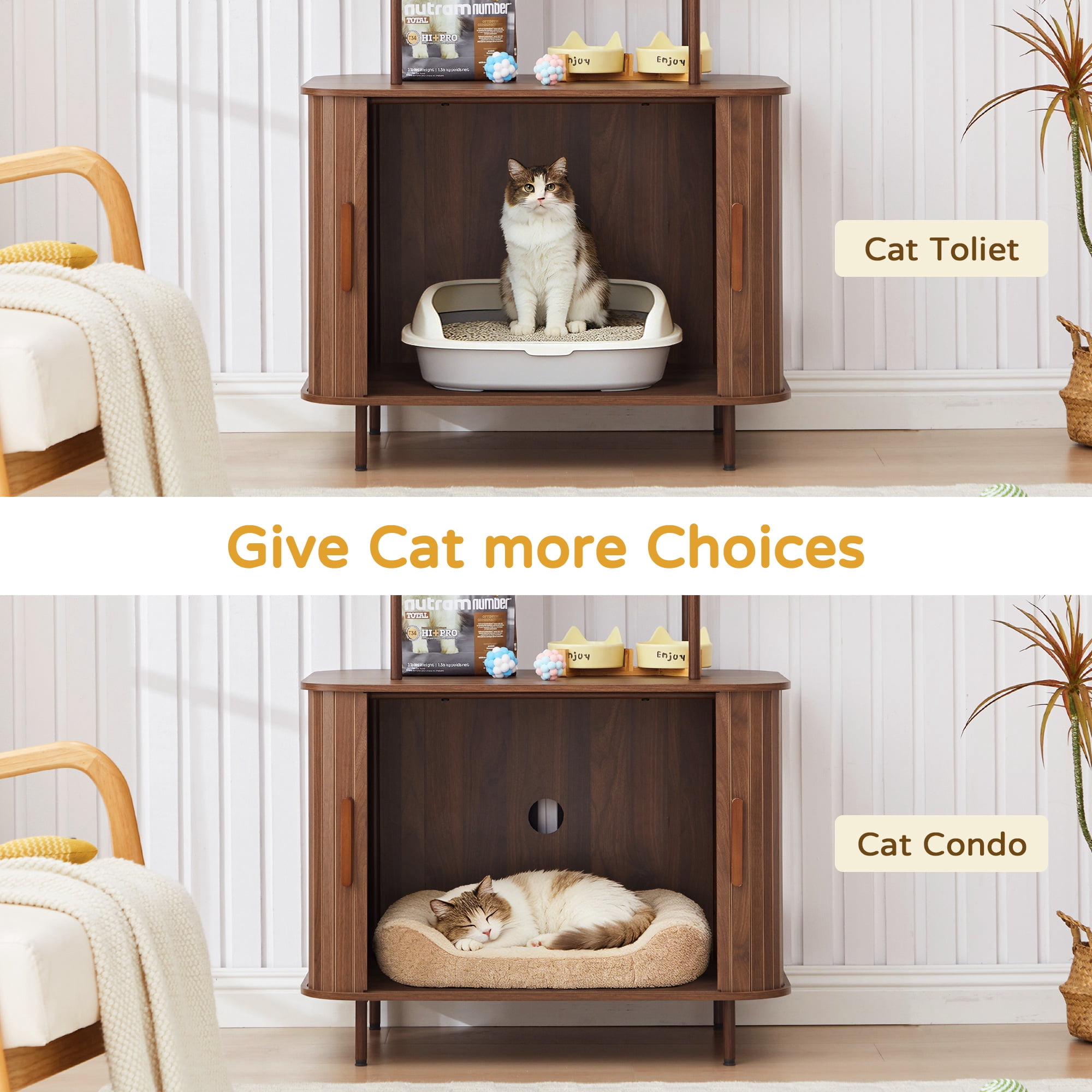 Wirrytor 63" Tall Cat Litter Box Enclosure with Sliding Doors, 3-Tier Hidden Litter Box Cabinet with Anti‑Tip Kit for Living Room, Walnut