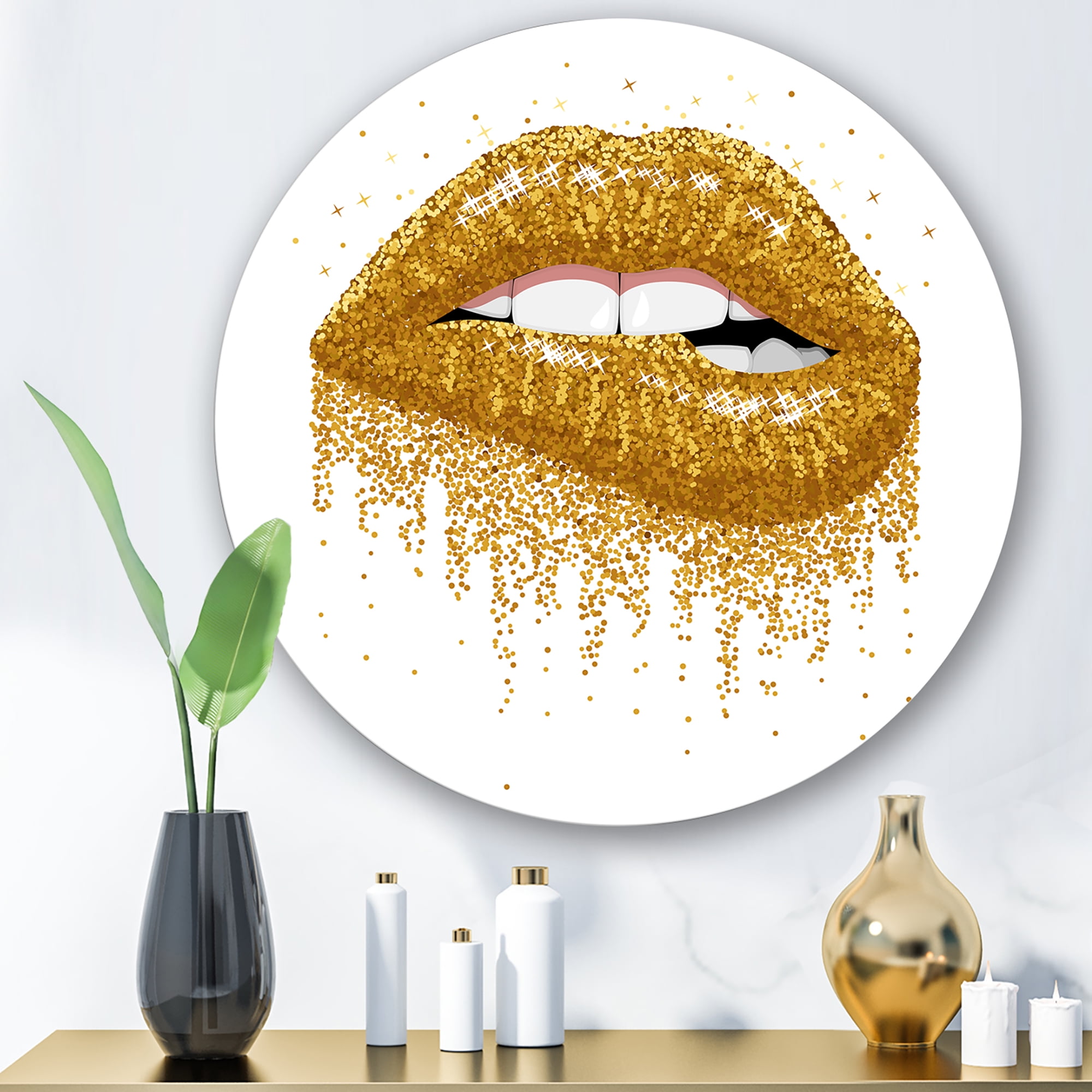 Designart 'Girl Lips With Glitter Gold Sparkles' Modern Circle Metal Wall Art 23x23 - Disc of 23