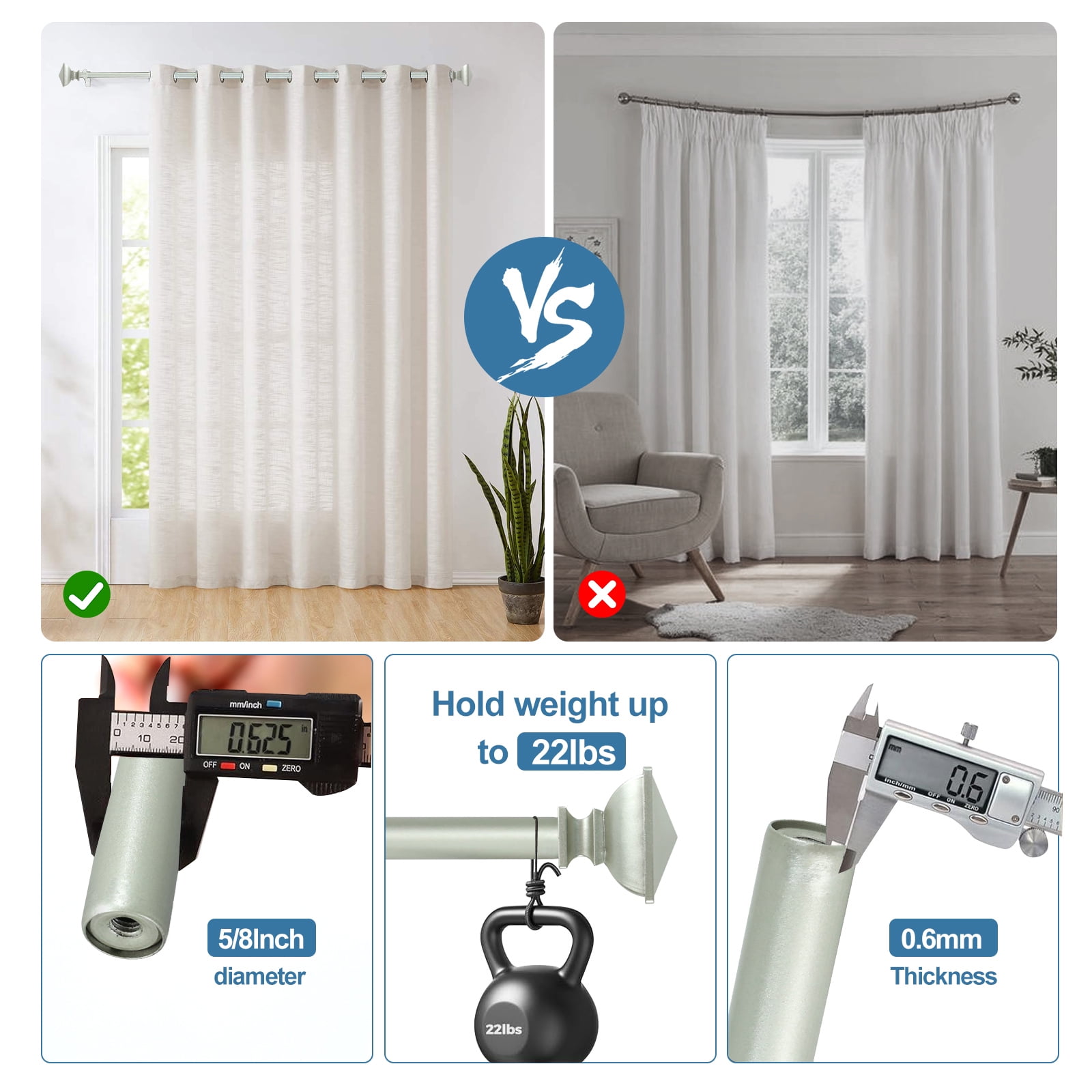 Urbanest Adjustable Double Curtain Rod Set Metal with Decorative Square Urn Finials, Heavy-Duty