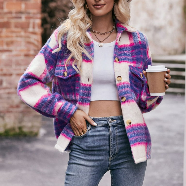 Purple Pink Checkered Shacket Button Down Plaid Shacket Lavender/Pink