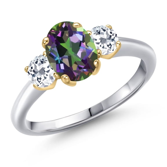 Gem Stone King 925 Silver and 10K Yellow Gold Green Mystic Topaz and White Topaz Engagement Ring for Women | 2.24 Cttw | Oval 8X6MM | Gemstone November Birthstone | Size 6