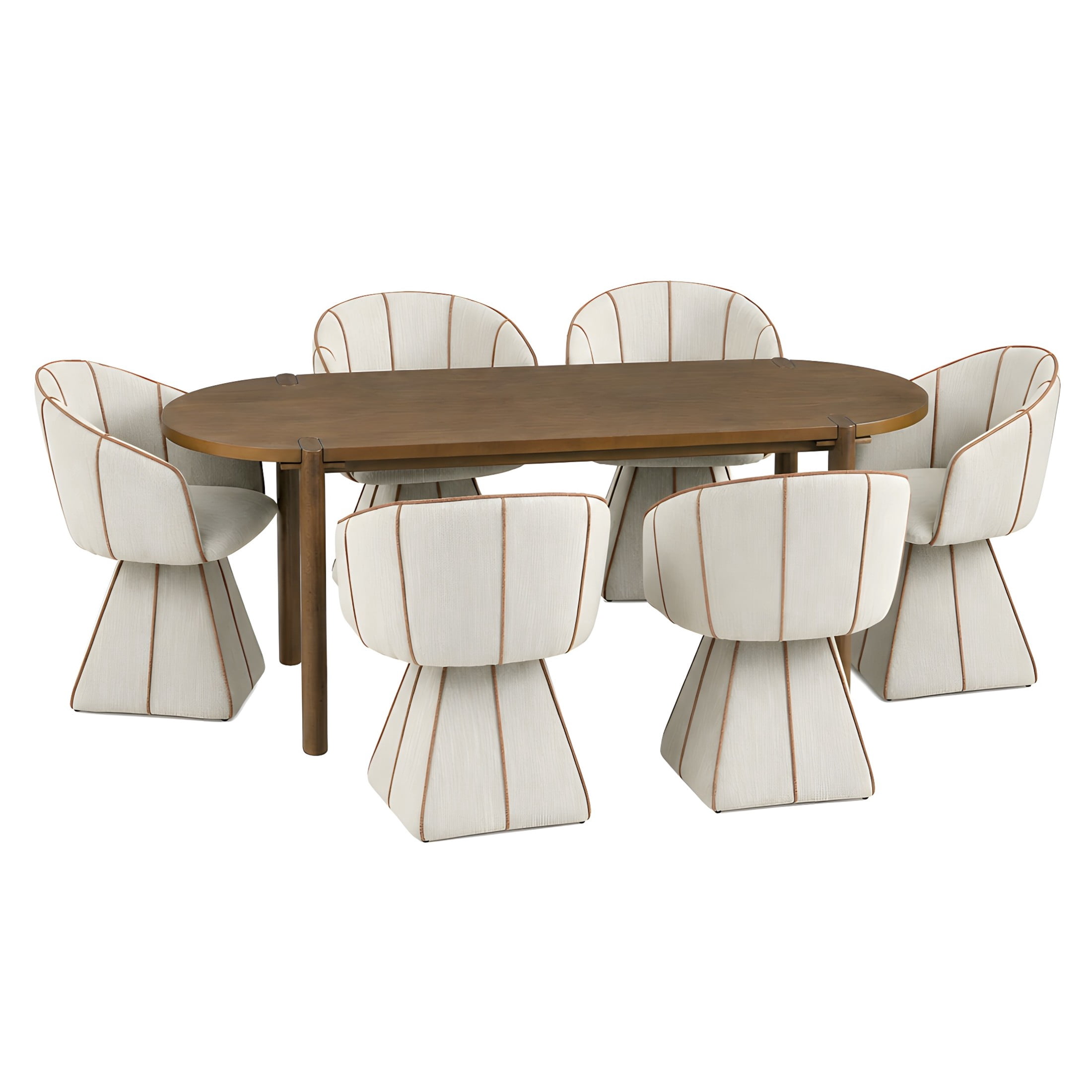 Christopher Knight Home 7-Piece Modern Oval Dining Set, Walnut Wood Table with Swivel Chairs, Beige+Champagne