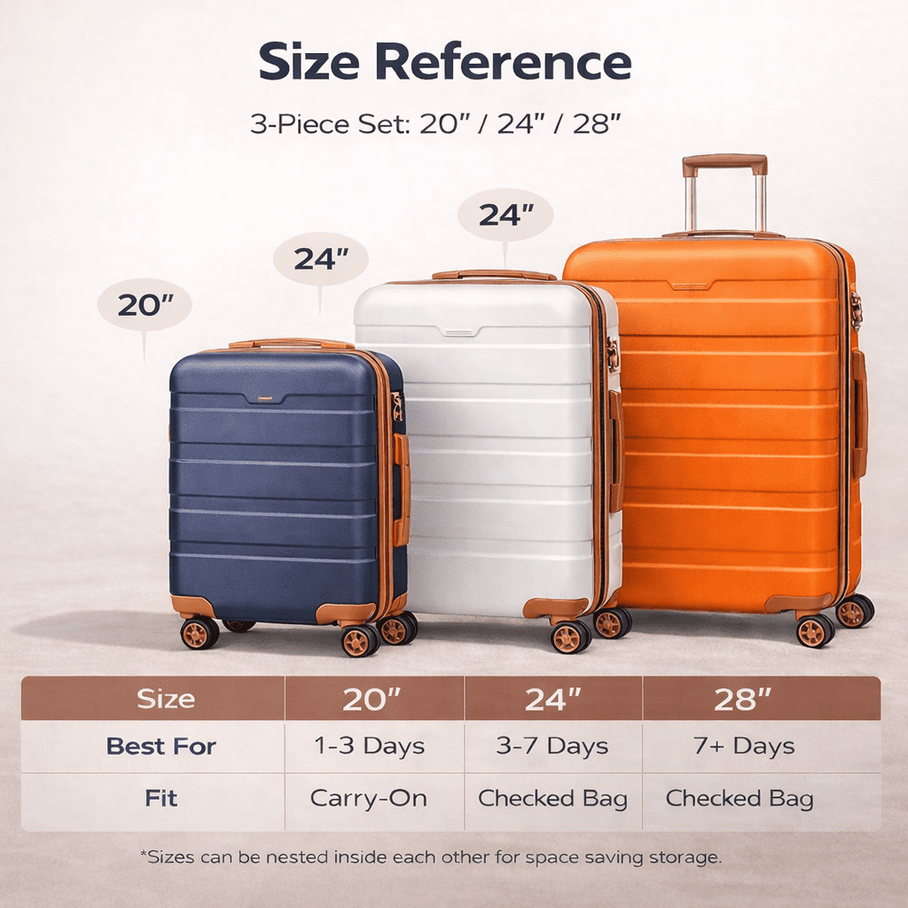 Em Yeraz   3-Piece Adult Luggage Set, Hardshell ABS+PC Suitcases with Spinner Wheels, TSA Lock & Zipper Travel Bags (20”, 24”, and 28”),