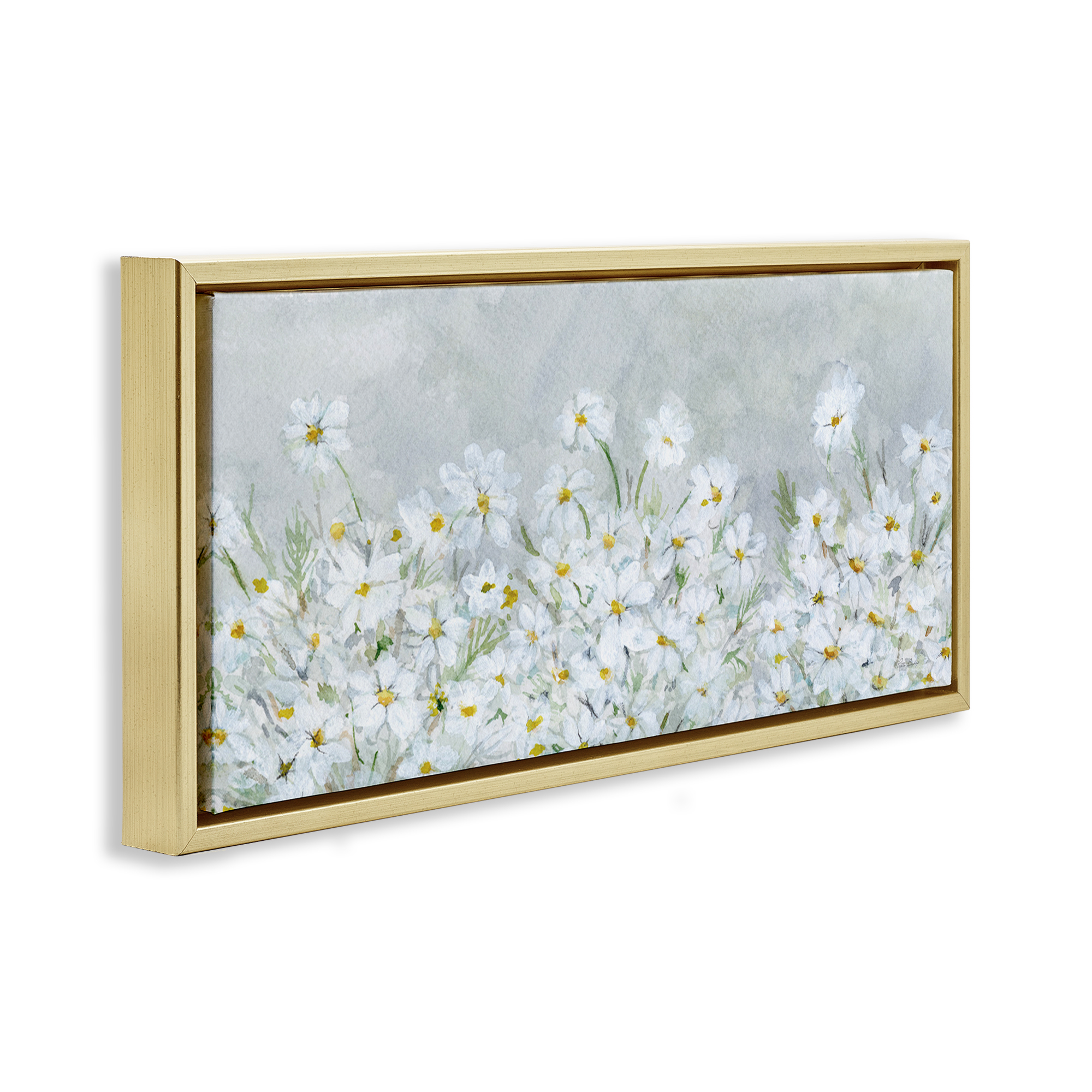 Stupell Industries Subtle Brushed Daisies Botanical & Floral Painting Gold Floater Framed Art Print Wall Art, 25 x 11