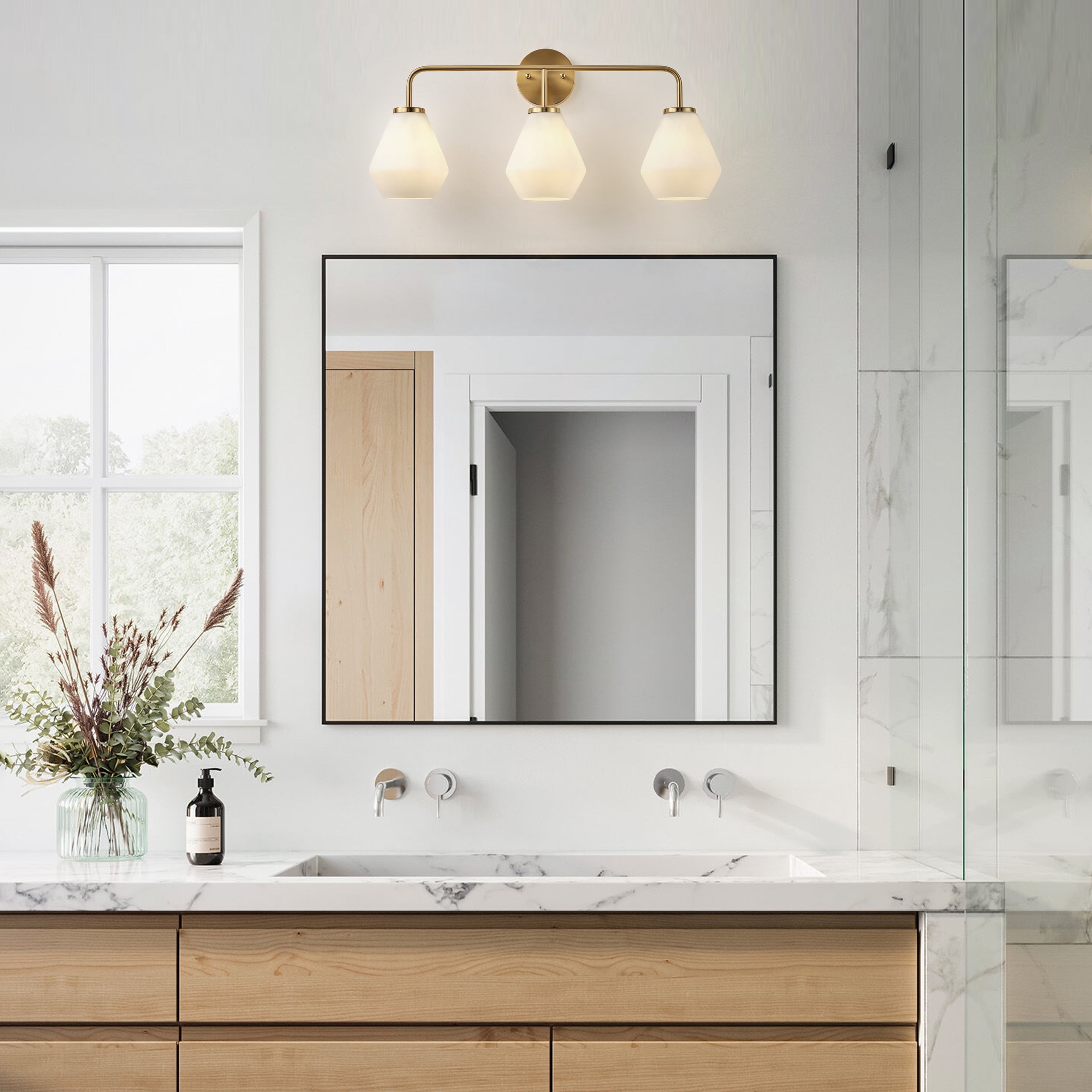 Modern Gold Bathroom Light Fixture 3-Light Milky White Glass Vanity Lighting Industrial Wall Sconce Over Mirror
