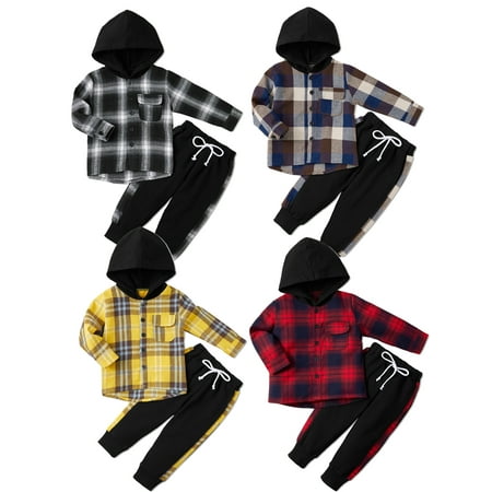 

Yuanyu 1-5T Kid Toddler Boy Outfits Plaid Hoodied T-shirt Tops +Casual Pants Fall Winter Clothes Set