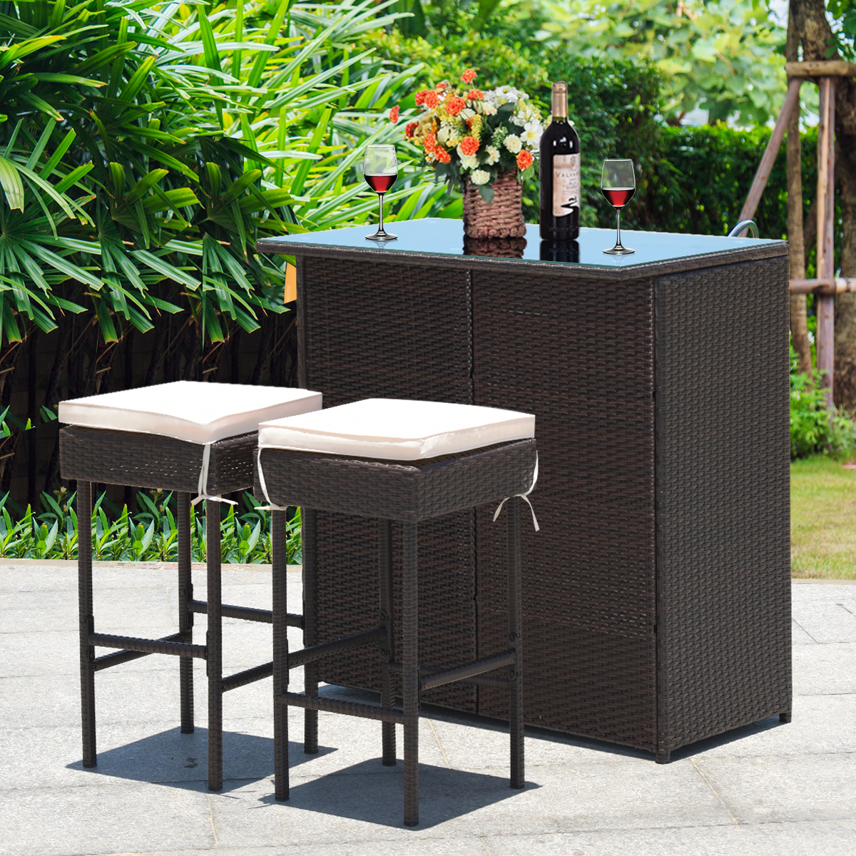Costway 3PCS Patio Rattan Wicker Bar Table Stools Dining Set Cushioned Chairs Garden - image 3 of 10