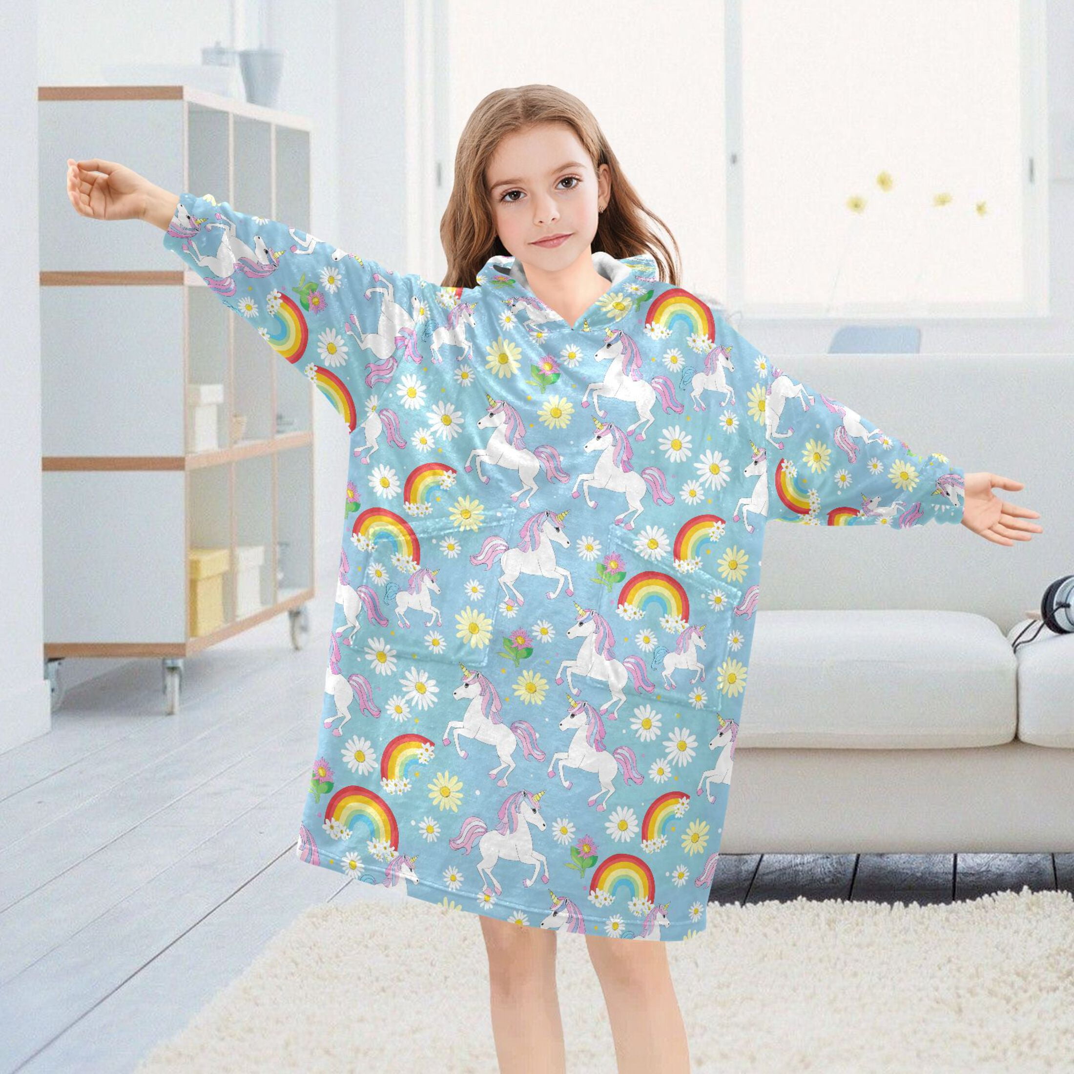 Wearable Blanket Hoodie for Kids Rainbow White Unicorn Flower Flannel Hooded Blanket with Pockets and Sleeves Suitable for Boys and Girls