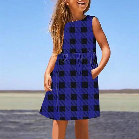 

Nrmvnmi Kids Little Girls Garden Dress Square Grid Print Crew Neck Sleeveless Dress Fashion Casual Cute Daily Holiday Vacation Knee Length Princess Dress With Pocket