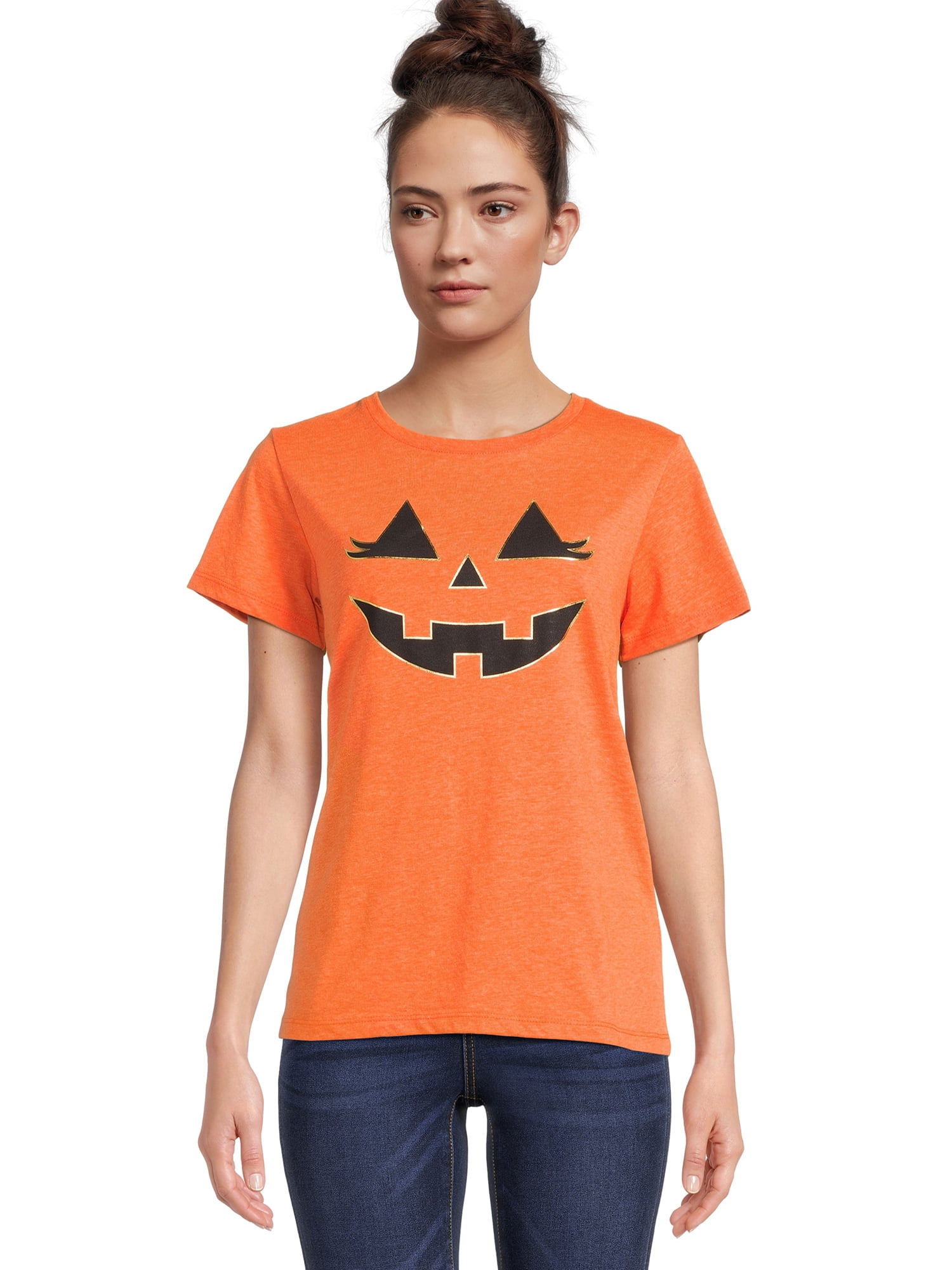 Women's Halloween Jack-O-Lantern Graphic Tee, Fall Short Sleeve T Shirt ...