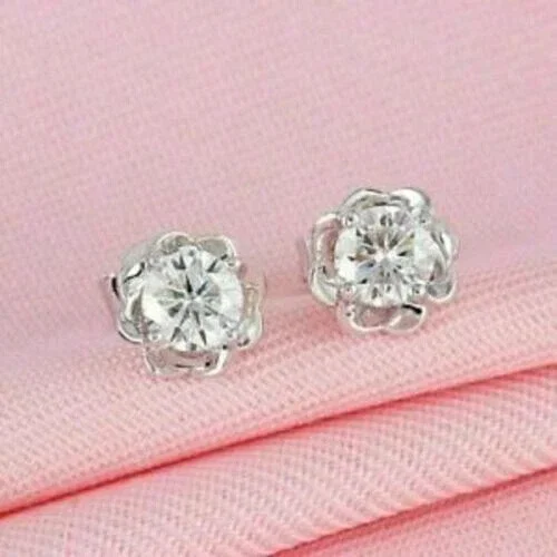2Ct Round Cut Simulated Diamond Solitaire Flower Stud Earrings Push Back 14K White Gold Finish