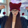 thumbnail image 5 of Y2K-gorro de punto a rayas para mujer y niña, ropa de calle japonesa, gorro Harajuku, Gorro con orejas de gato, lindo Diablo, Otoño e Invierno, 5 of 5