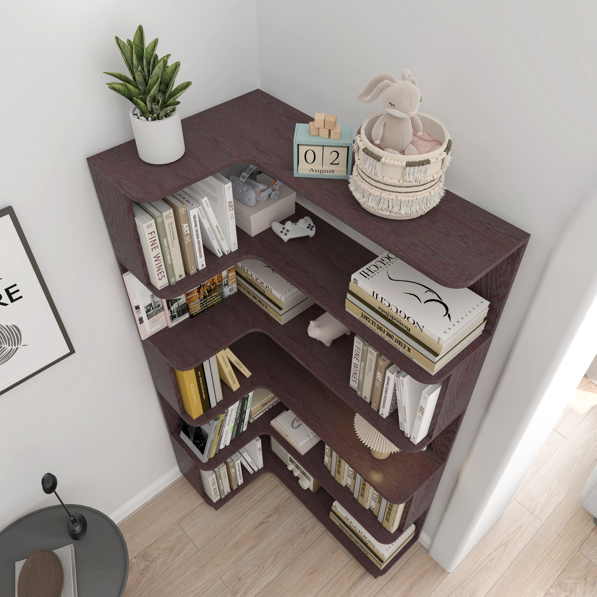 Leumius 5 Tier Freestanding L-Shaped Corner Bookshelf,Wooden Bookcase with Anti-drop Panel and Anti Tipping Device, Display shelf Open Storage,Ox Blood Red